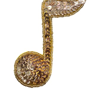 Musical Single Note Appliqué Gold Sequins - Glass Beads  Pre-Glued 3.5" x 2.5"