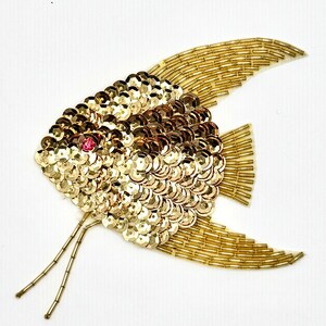 Fish Appliqué - Gold Sequins|Beads, 3.5" x 4.5"