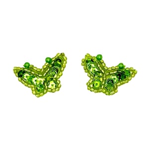 May include: A pair of butterfly-shaped earrings crafted with bright lime green seed beads and matching circular sequins. The wings feature a detailed beaded border and a central fill of reflective green sequins, creating a textured surface.