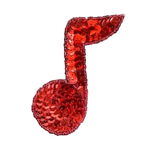 Musical Single Note Appliqué  - Red Sequins - Glass Beads 3.5" x 2.5"