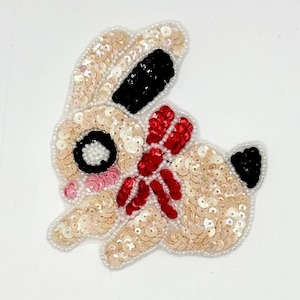 Sequin Bunny Rabbit with Red Bow - Multi-Colored Sequins and Red Bow 4" x 3.75"