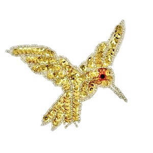 Hummingbird with Gold Sequins and Silver Beads 4" x 4"