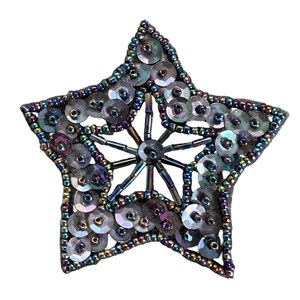 May include: A star-shaped applique featuring iridescent dark purple and blue seed beads along the edges. The center is filled with thin, dark metallic bugle beads radiating from a central point, accented by shimmering circular sequins.