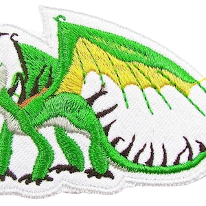 May include: An embroidered patch featuring a green dragon with yellow wing membranes, orange eyes, and dark brown spikes along its back and tail. The dragon is depicted in a side profile stance against a white background with a white border.