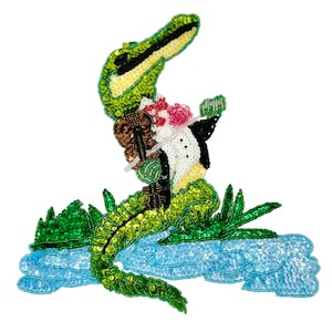 Alligator with Violin on the Bayou - Sequins and Beads - Choice of Size: 9.25" X 9" or 4.75" x 4.5"