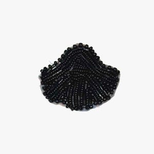 May include: A black beaded applique patch featuring a fan-like shape. The design is constructed from small, glossy black seed beads and elongated tube beads arranged in a radiating pattern on a sheer black mesh backing, creating a textured surface.