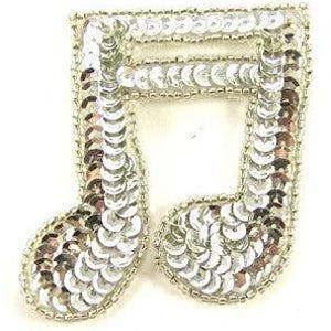 Musical Double Note Appliqué  - Silver Sequins - Silver Glass Beads 2.75" x 2.75"