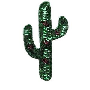 May include: A cactus-shaped patch covered in shimmering green sequins. The design features small, dark red embroidered accents scattered across the surface, mimicking the appearance of cactus spines or flowers on the vertical stem and two arms.