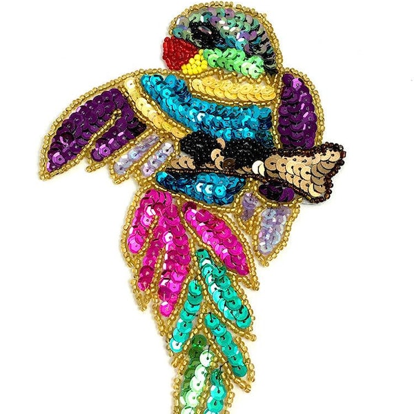 Parrot Stretching Wing with Multicolored Sequins and Beads 6.5" x 4"