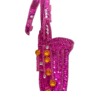 Saxophone Appliqué  - Fuchsia Sequins - Glass Beads - Rhinestones 13" X 5.5"