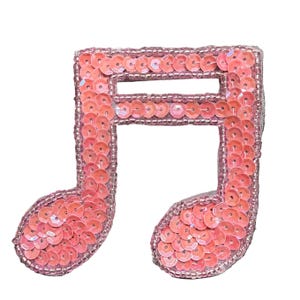 Musical Double Note Appliqué - Pink Sequins - Silver Glass Beads 3" x 3"
