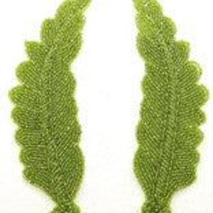 May include: A pair of matching leaf-shaped appliques crafted from small, vibrant lime green beads. Each piece features a detailed, textured surface with a central vein and scalloped edges, terminating in a small, rounded beaded base at the bottom.