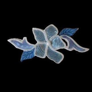 May include: A decorative fabric applique featuring a five-petaled flower in shades of light blue and white. The petals are embellished with shimmering sequins and white thread embroidery, accented by two dark blue embroidered leaves on the sides.