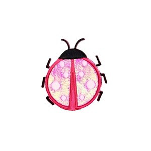 May include: A ladybird-shaped embroidered patch featuring a shimmering iridescent pink and white body with a dark pink border. The insect has a solid black head section and six black legs extending from the sides, all outlined in black thread.