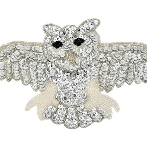 Open Wing Owl Appliqué Silver Sequins and Beads 9.5" x 5.25"