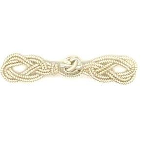 May include: A silver-colored button with a woven design. The button features a central knot and two symmetrical woven sections on either side. The button is set against a white background.