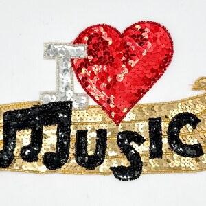 I Love Music Sequin and Beaded Word Appliqué 8.25" x 5.25"