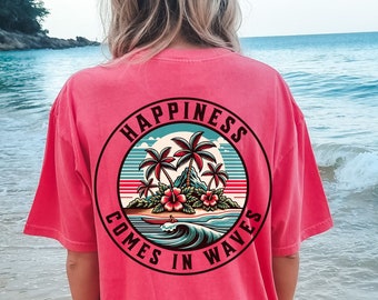 Happiness Comes in Waves Tee, Summer Graphic Tee,BeachT-shirt, Boho Tee, Vintage Inspired Cotton T-shirt, Unisex Tee, Comfort Colors Tee