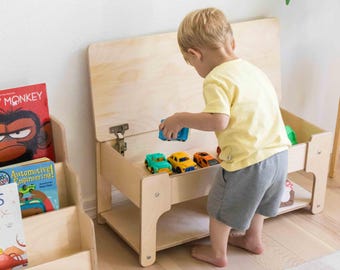 Toddler Storage Bench with Shelf – Montessori Toy Chest, Kids Shoe Rack, Wooden Entryway Bench