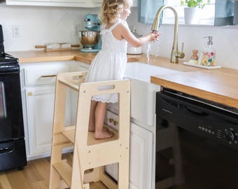 Toddler tower, Kitchen Tower Step Stool for Montessori Learning and Development in Natural wood with Adjustable Heights