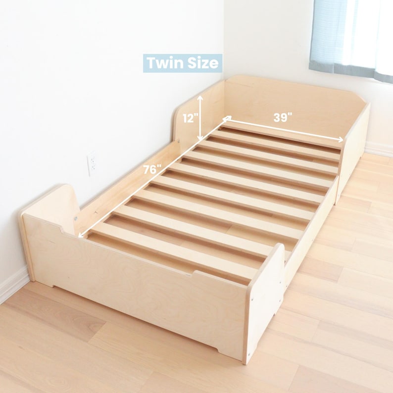 May include: A twin-size bed frame made of natural wood, featuring a slatted base. The bed frame measures 193 cm long, 99 cm wide, and 30 cm high. The text "Twin Size" is displayed on the image.