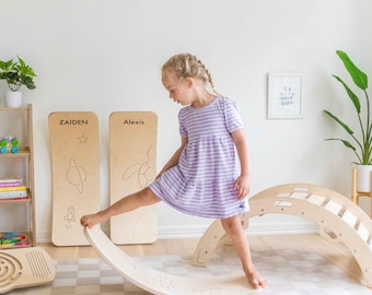 Personalized Montessori Balance Board For Kids, Baltic Birch, Carved Design