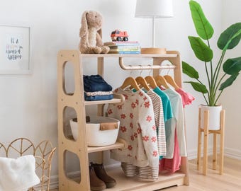 Montessori Wardrobe Toddler Clothing Rack, Kids Bedroom Dress Up and Playroom Storage