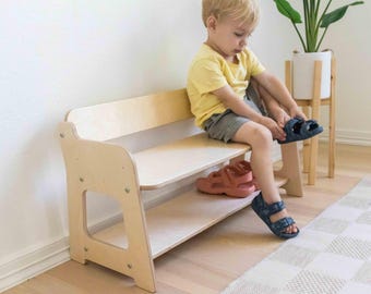 Adjustable Montessori Toddler Bench with Shoe Storage Shelf | Kids Shoe Rack Bench for Playroom