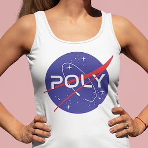 May include: White tank top with a blue and red NASA-inspired logo that says "POLY" in red letters.