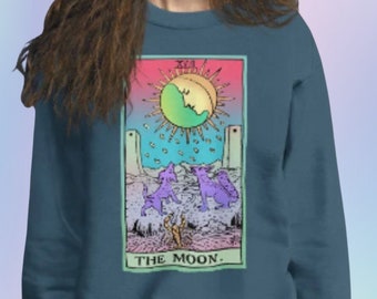 Sudadera con la carta del Tarot de la Luna, ropa de estilo brujo en tonos pastel, colores cómodos.