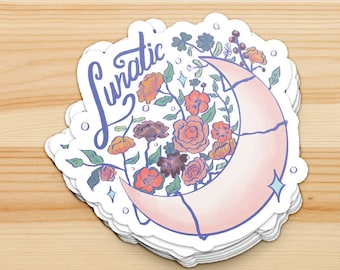 Lunatic Moon Vinyl Sticker, Witchy Floral Crescent
