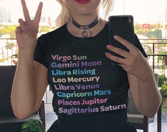 Carta natal, Camisa personalizada, Camiseta de astrología, Regalos de bruja, Carta natal, Sagitario, Libra, Capricornio, Camisa negra.