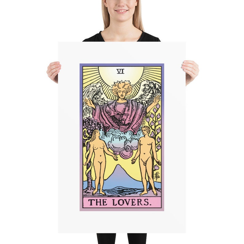 May include: The Lovers tarot card depicts a winged angel wearing a purple robe, positioned above a man and woman. The card is framed with a blue and gold border, displaying the Roman numeral VI and the words "THE LOVERS."