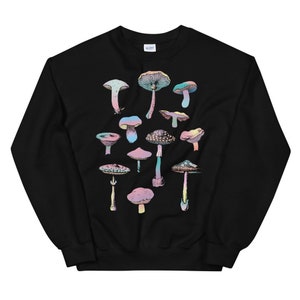 May include: Black sweatshirt with a colorful mushroom graphic print. The mushrooms are arranged in a vertical pattern and are outlined in black. The sweatshirt has long sleeves and a crew neck.
