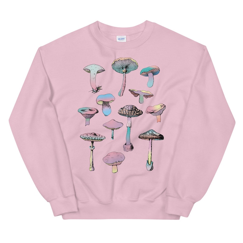 May include: A pink sweatshirt with a colorful mushroom graphic print. The mushrooms are arranged in a cluster and have different shapes and sizes.