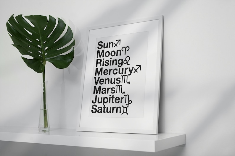 May include: A framed print with black text listing celestial bodies and their symbols: Sun, Moon, Rising, Mercury, Venus, Mars, Jupiter, and Saturn. A large green Monstera leaf is in a clear vase to the left. The frame is white.