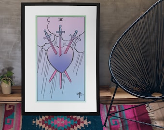 Unframed, Three of Swords, Tarot Print, Tarot Decor, Witchy Poster, Tarot Art.