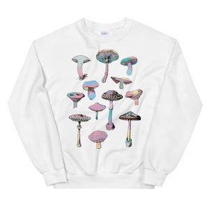 May include: White sweatshirt with a colorful mushroom print. The mushrooms are in various shades of pink, blue, and green.