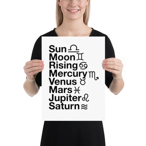 May include: A white poster with black text listing astrological terms: Sun, Moon, Rising, Mercury, Venus, Mars, Jupiter, and Saturn, each with a corresponding astrological symbol. The poster is held by a person wearing a black shirt.