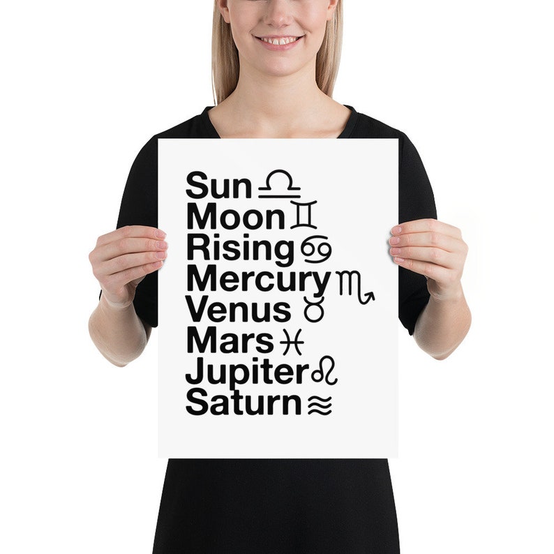 May include: A white poster with black text listing astrological terms: Sun, Moon, Rising, Mercury, Venus, Mars, Jupiter, and Saturn, each with a corresponding astrological symbol. The poster is held by a person wearing a black shirt.