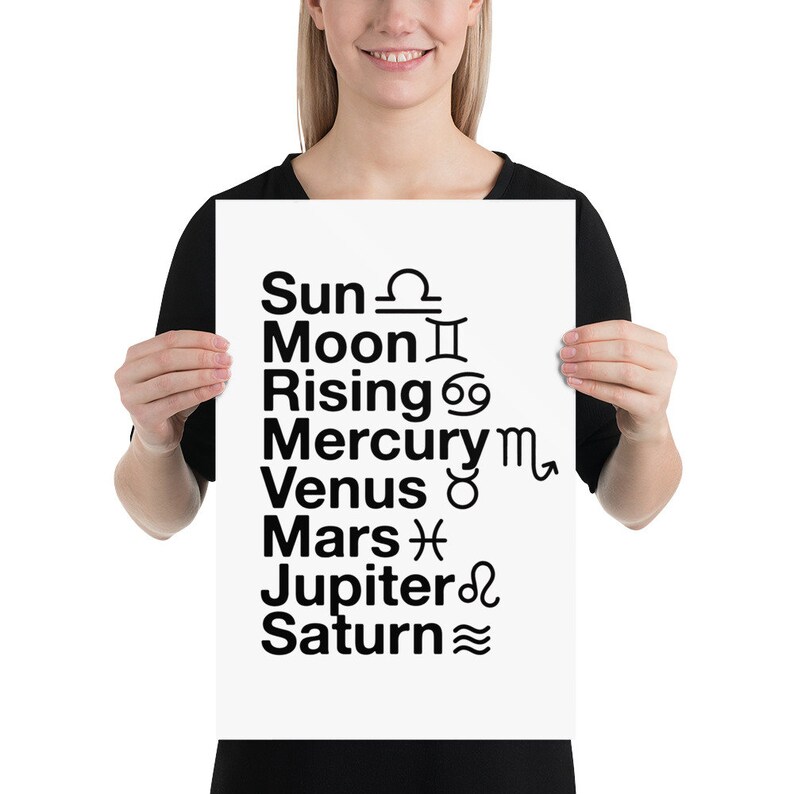 May include: A white poster with black text and astrological symbols. The text includes "Sun," "Moon," "Rising," "Mercury," "Venus," "Mars," "Jupiter," and "Saturn." The poster is held by a person wearing a black shirt.