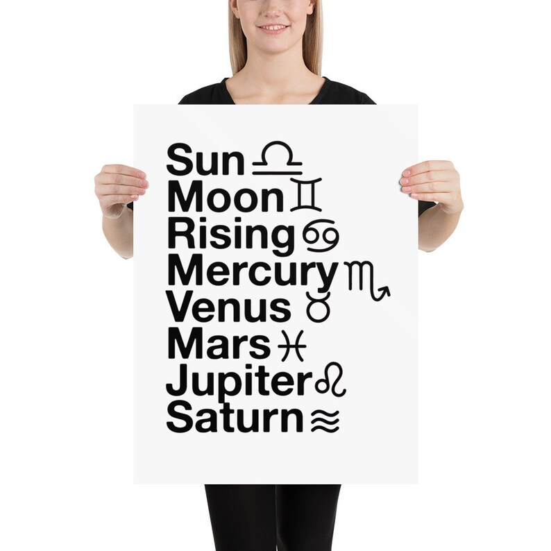 May include: A white poster with black text listing celestial bodies: Sun, Moon, Rising, Mercury, Venus, Mars, Jupiter, and Saturn, each paired with a corresponding astrological symbol. The poster is held by a person.