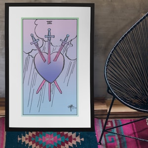 Three of Swords, Tarot Print, Tarot Decor, Witchy Poster, Tarot Art, Unframed