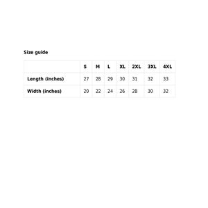 May include: Size guide chart for clothing with measurements in inches. The chart shows sizes S through 4XL with corresponding length and width measurements.