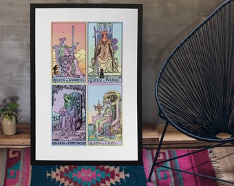 Tarot Queens Poster, Feminist Witchy Art Print UNFRAMED