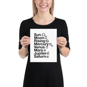 May include: A white poster with black text listing astrological terms: Sun, Moon, Rising, Mercury, Venus, Mars, Jupiter, and Saturn, each with its corresponding symbol. The poster is held by a person wearing a black top.