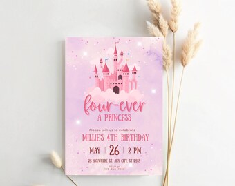 Princess Birthday Party Invitation, Four-Ever a Princess, 4th Birthday girl party invite, Little girls Princess fourth birthday invitation