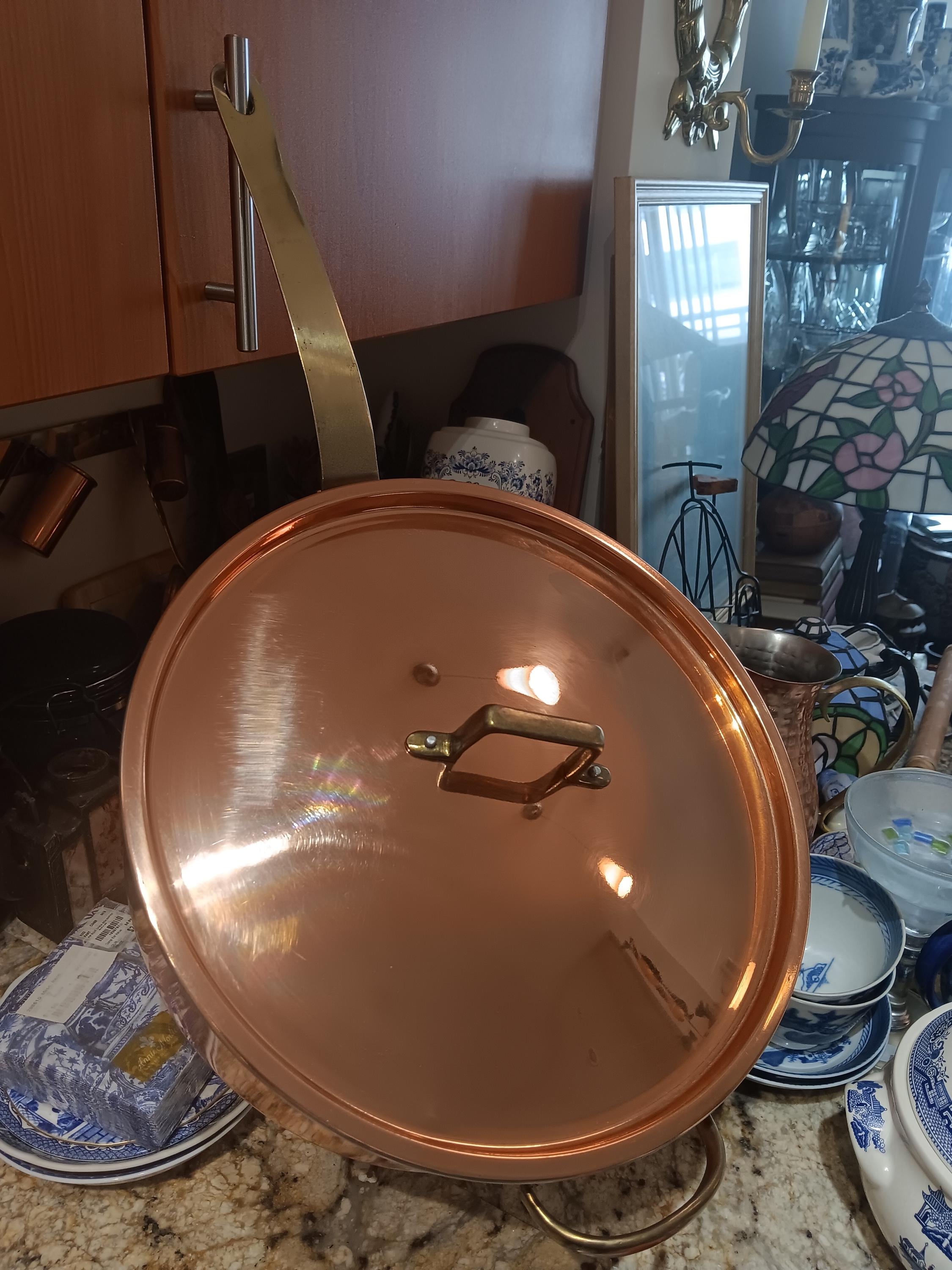 Vintage Large Heavy Copper Saute Pan Pot W/lid Tin Lined Long Brass ...