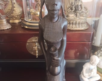 Vintage African Woman Kneeling Sculpture, Hand Carved, Ebony Home Decor Decorative Art Object