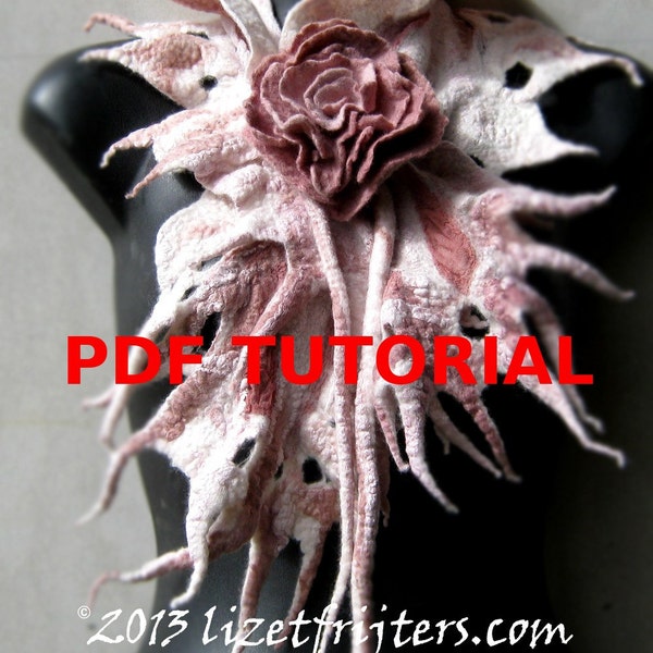 Nuno Felt PDF Tutorial Pattern ENGLISH ONLY  Wet Felted Scarflette with Felt Flower Rose of Love Instant Download